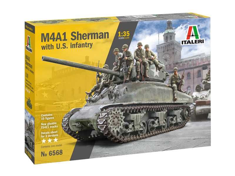 Model Kit tank 6568 - M4A1 Sherman with U.S. Infantry (1:35) Italeri