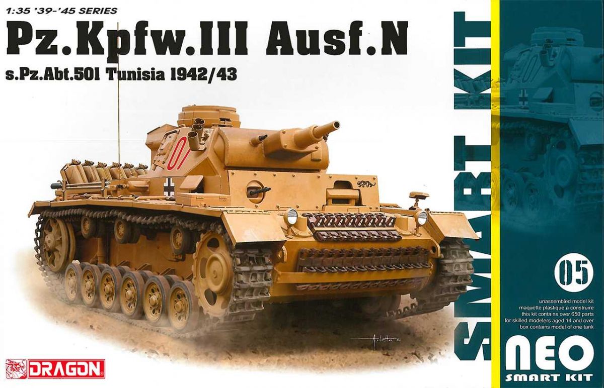 Model Kit military 6956 - Pz.Kpfw.III Ausf.N s.Pz.Abt.501 Tunisia 1942/43 (Neo Smart Kit) (1:35) Dragon