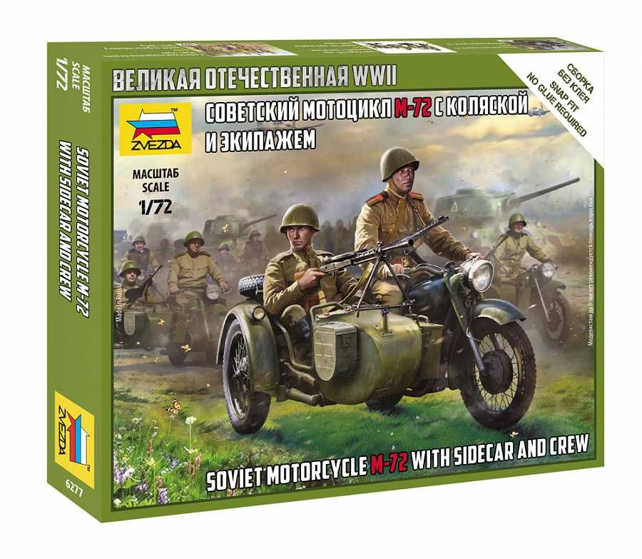 Wargames (WWII) figurky 6277 - Soviet M-72 Sidecar Motorcycle w/Crew (1:72) Zvezda