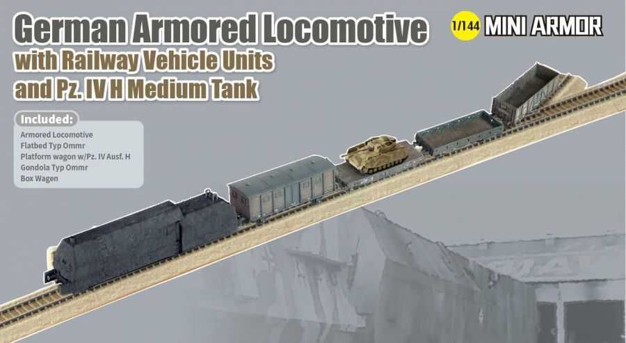Model Kit military 14152 - German Armored Locomotive with Railway Vehicle Units and Pz.IV H Medium Tank (1:144) Dragon