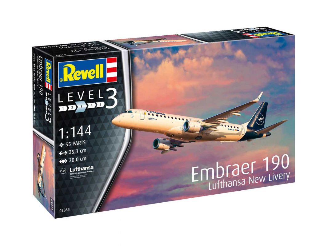 Plastic ModelKit letadlo 03883 - Embraer 190 Lufthansa New Livery (1:144) Revell